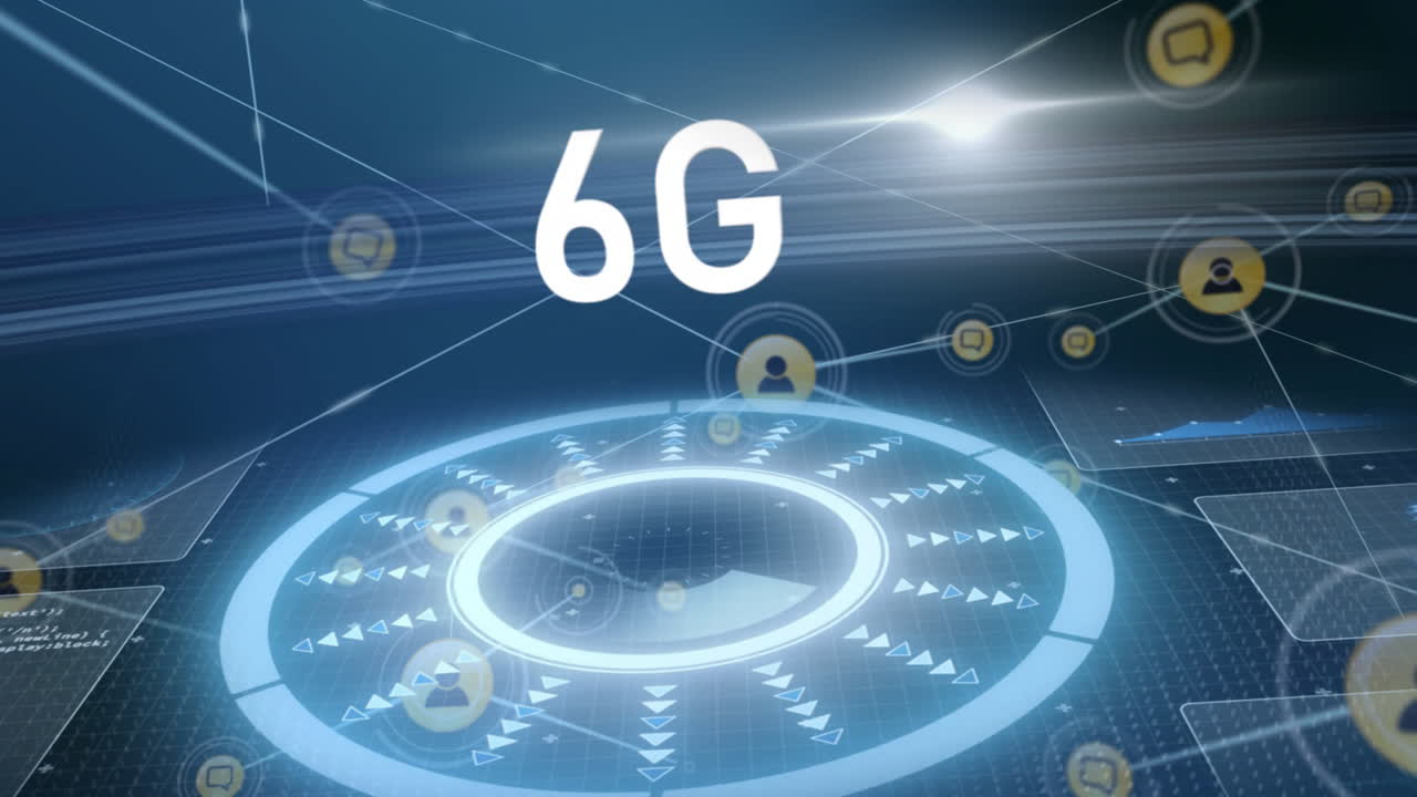 animación de texto 6g, red de conexiones con íconos y procesamiento de datos