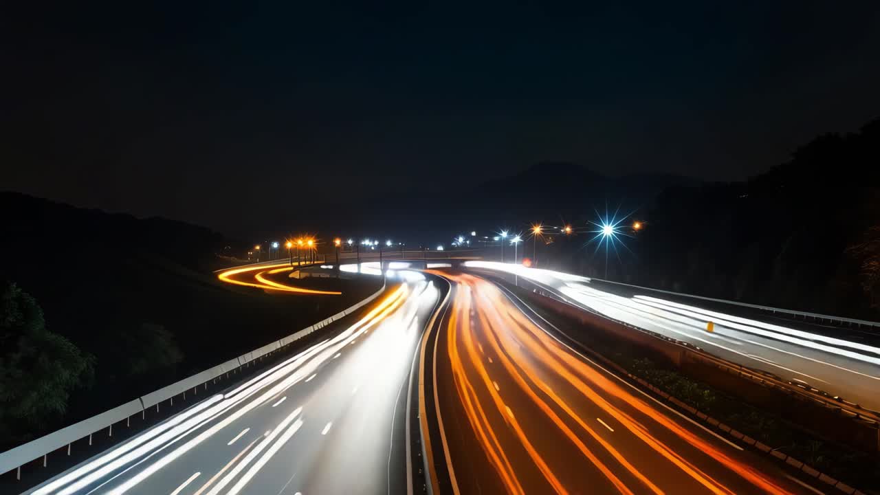 Traffic light trails streaming across multi lane freeway, white and orange streaks blending into nocturnal urban landscape, capturing high speed movement under darkened skyline