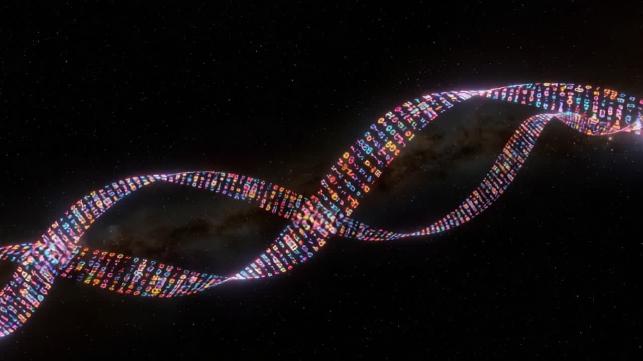 A Stunning Visual Representation of Data Flow: An Artistic Interpretation of a Helical Structure with Colorful Symbols Set Against the Vastness of Space