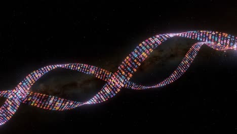 a stunning visual representation of data flow: an artistic interpretation of a helical structure with colorful symbols set against the vastness of space