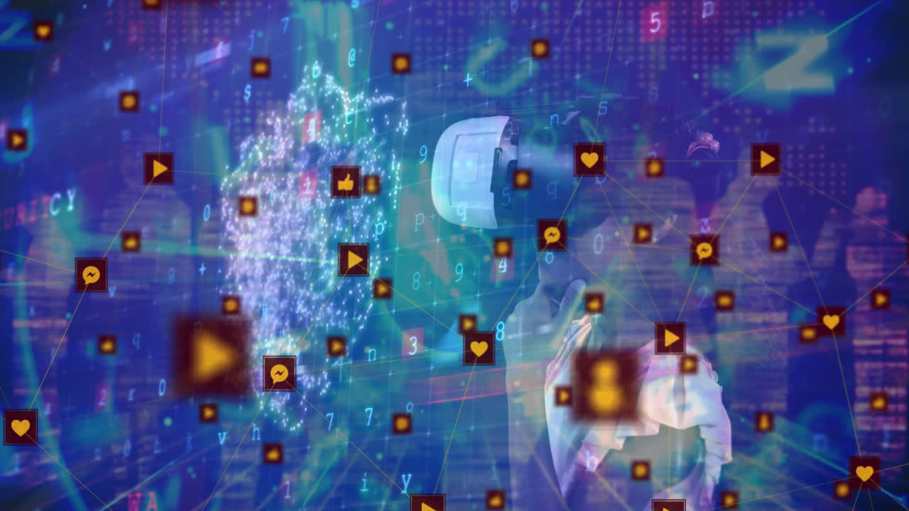 animación de iconos que caen sobre una chica biracial usando auriculares vr