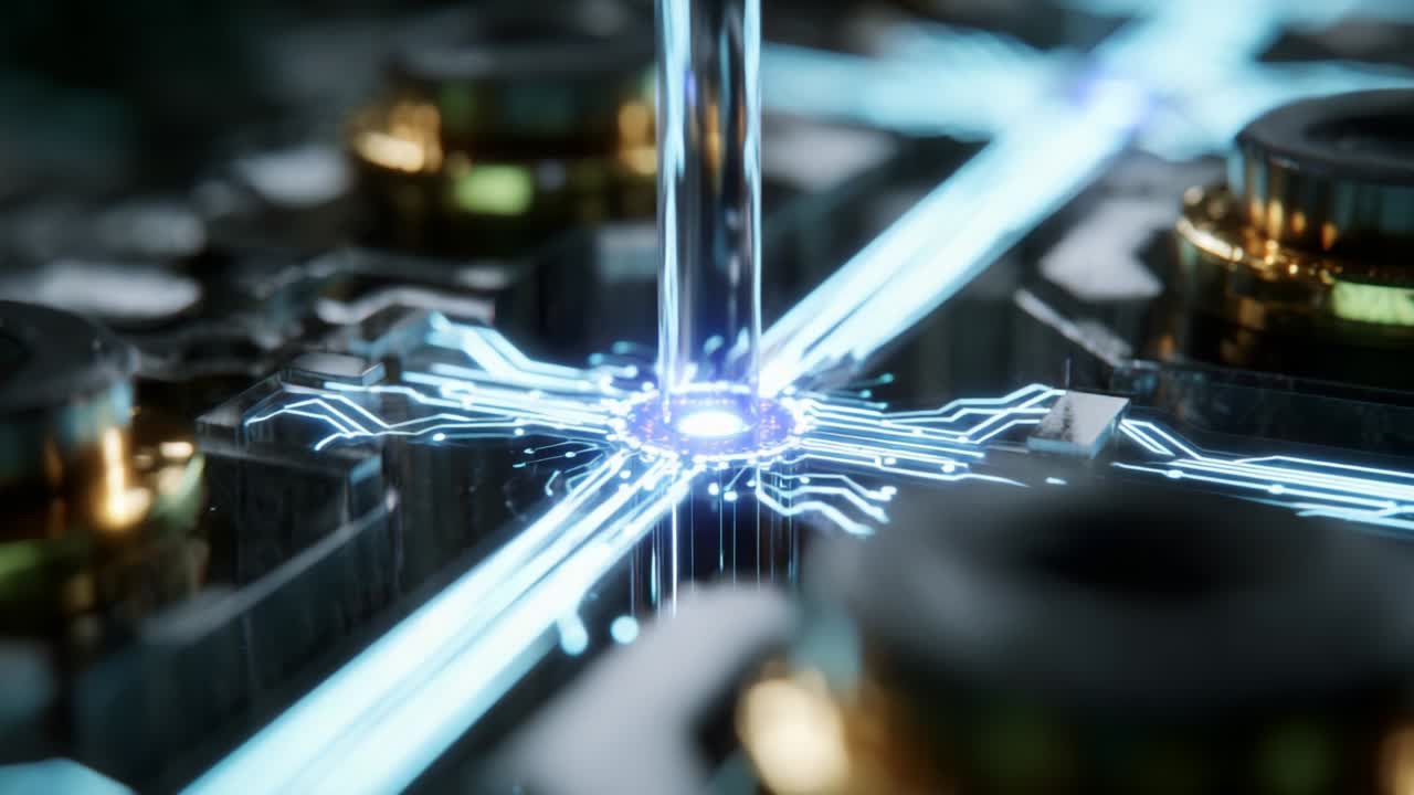 An intricate representation of modern technology showcasing a stream of fluid cascading onto a circuit board, illuminating the surrounding pathways with vibrant blue light and highlighting advanced connectivity