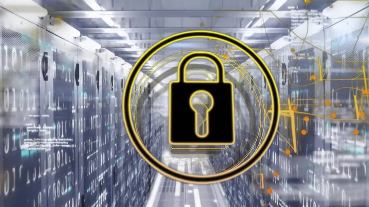 Animation of padlock icon and data processing over computer servers