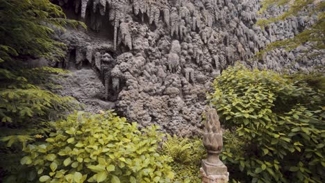 unique garden landscape with green foliage and earthen wall - medium shot