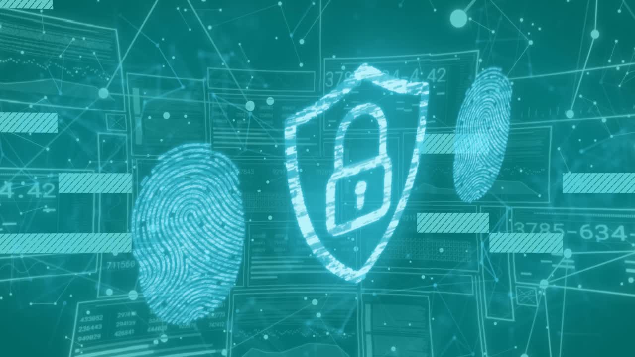 animación del procesamiento digital de datos y el candado de seguridad sobre fondo azul