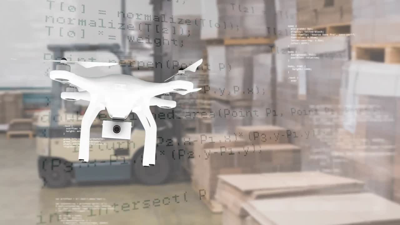 Drone che vola in un magazzino