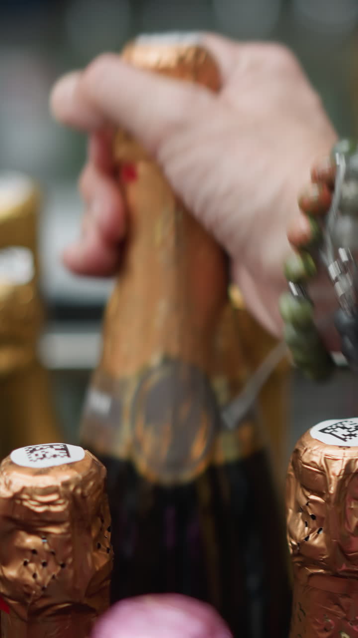 una mano con pulseras de cuentas seleccionando una botella de vino con papel dorado de un estante en una tienda. fotografiado con una cámara de mano, capturando el momento de elegir una botela de vino entre muchas