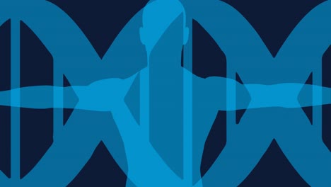 파란색 dna 줄이 회전하고 인간의 몸의 애니메이션
