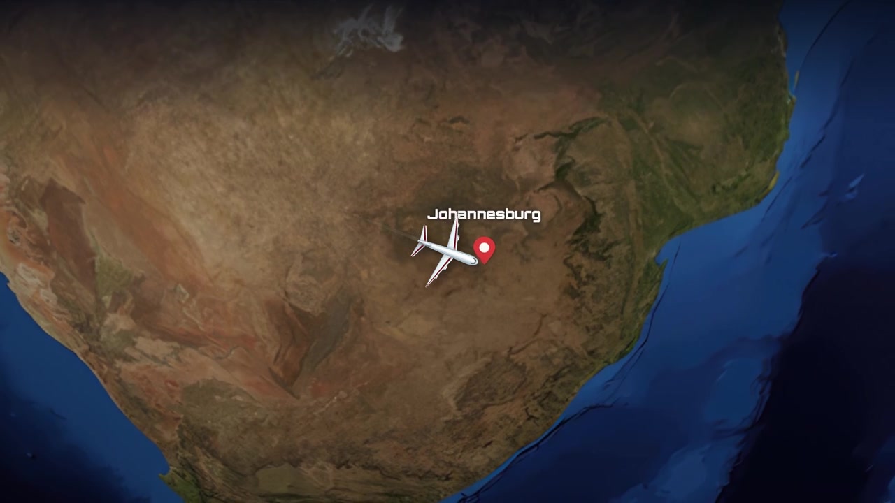 Satellite map animation tracks a commercial airplane flying from Dallas to Johannesburg over the ocean