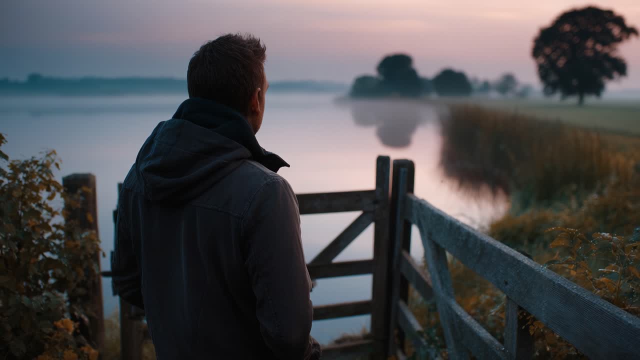 A Serene Silhouette: A Person Contemplating the Calm River at Dawn with Mist, Captured in Soft Lighting and Natural Beauty of Early Morning's Tranquility