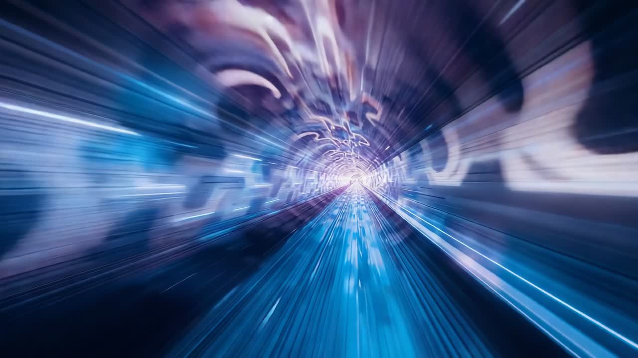 Hurtigtkørende kamera igangsætter fremadgående bevægelse gennem en oplyst tunnel, viser blå striber og en lysende udgang