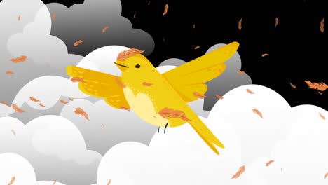 animation of feathers falling over bird and clouds icons on black background