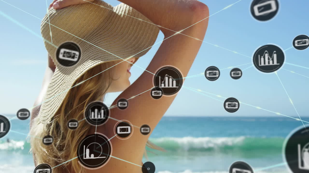 해변에서 백인 여성에 대한 그래프 아이콘과 연결 네트워크의 애니메이션