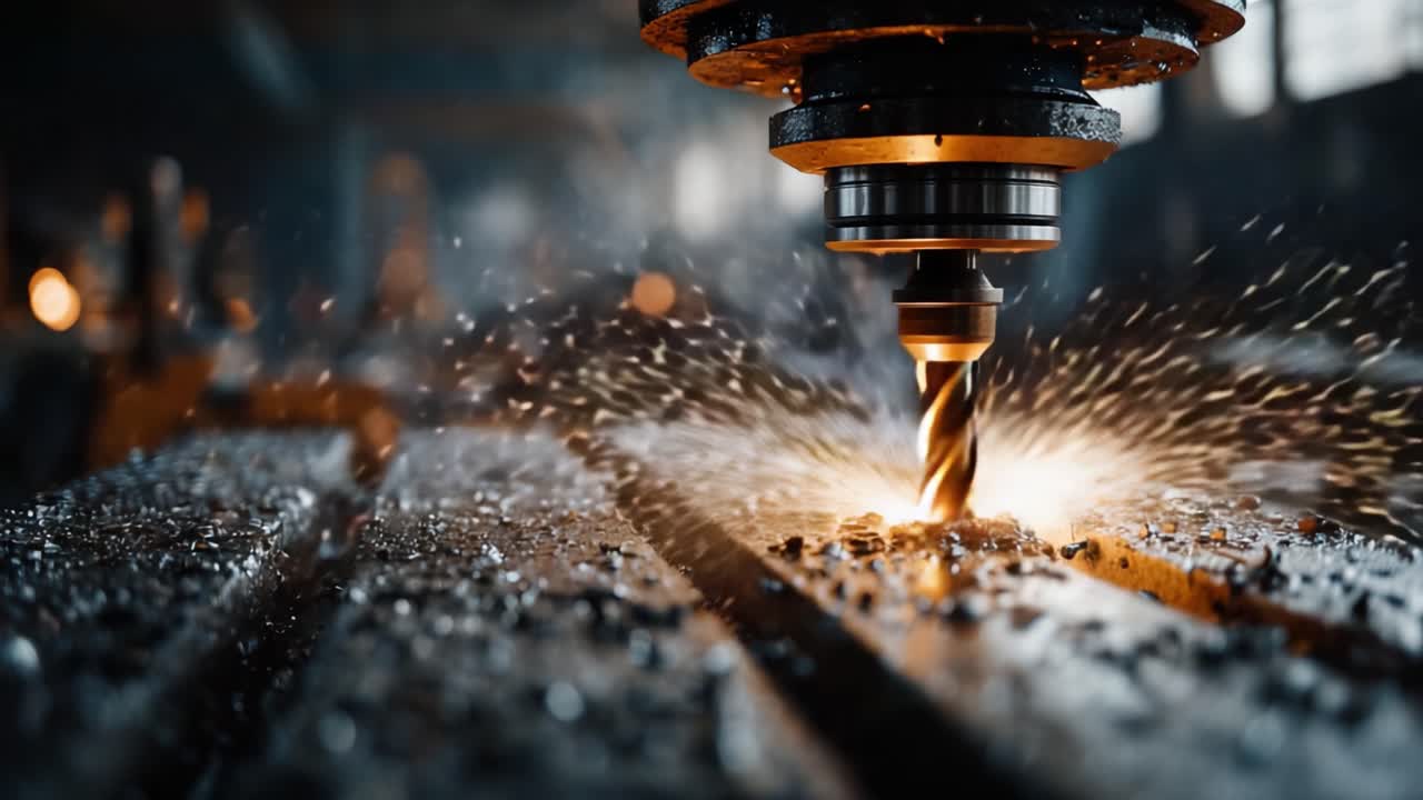 Lavorazione di precisione in azione: un primo piano sul processo di taglio che mostra la potente fresatrice CNC mentre fora il metallo, creando scintille e trucioli.