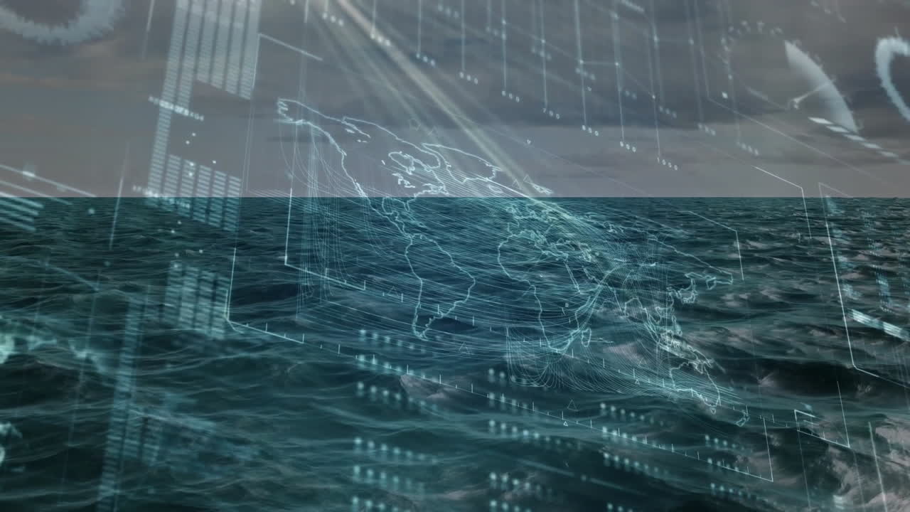 Showing holographic world map floating over ocean, featuring data panels and streamlines