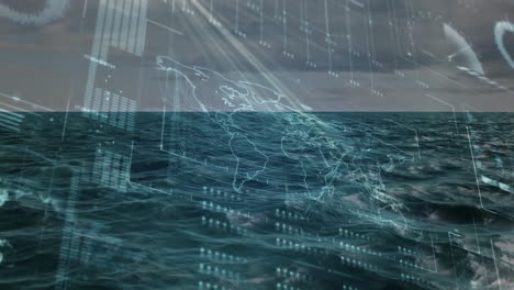 showing holographic world map floating over ocean, featuring data panels and streamlines