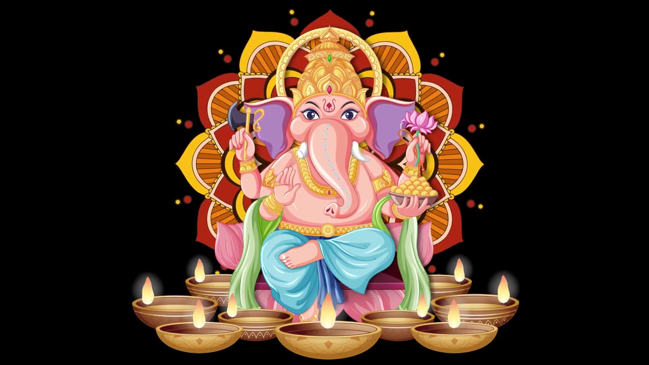 Um Ganesha de desenho animado colorido aparece diante de uma mandala com lamparinas a óleo tremeluzentes em fundo preto