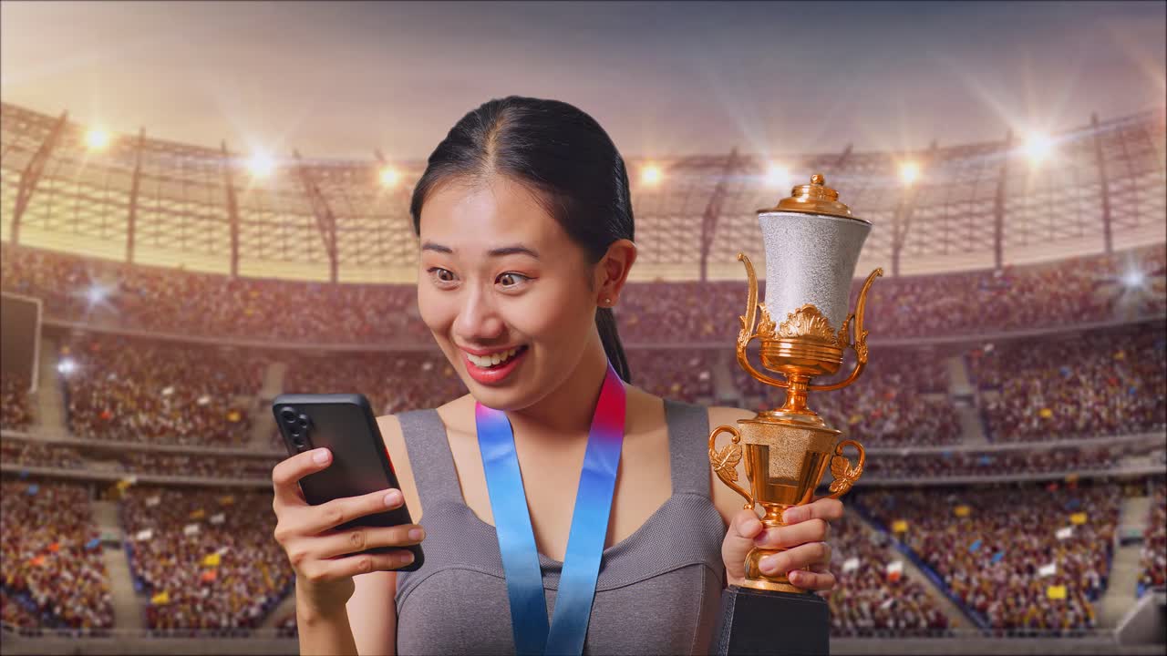 Woman Winning a Trophy in a Stadium