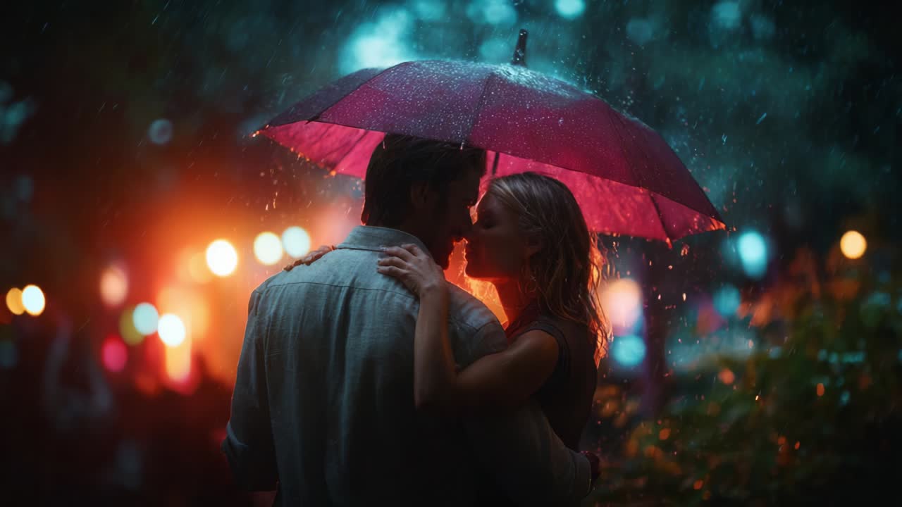 A Romantic Encounter in the Rain: A Couple Embracing Under a Vibrant Pink Umbrella, Surrounded by a Magical Atmosphere Filled with Glimmering Lights and the Soft Sound of Falling Raindrops, Capturing Pure Affection