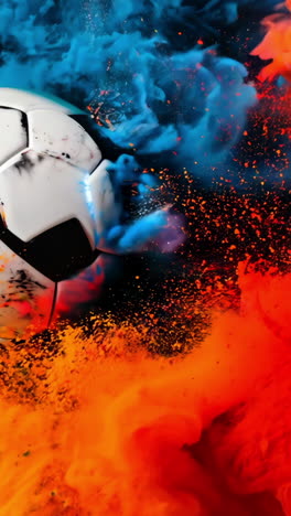 a soccer ball is in the middle of a colorful explosion of fire and smoke. the ball is surrounded by a trail of red, orange, and blue flames, creating a dynamic and energetic atmosphere