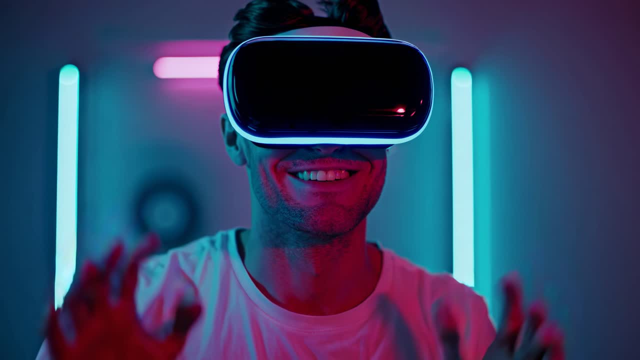 Man Wearing VR Headset Experiencing a Futuristic Virtual Reality Experience
