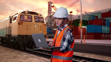 side view of asian male engineer with safety helmet working on a laptop while standing with freight cargo train at port