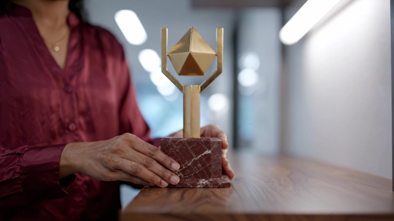 Un magnifico trofeo in oro e marmo tenuto da una persona, che mostra intricati disegni geometrici, a simboleggiare successo e riconoscimento in un ambiente interno moderno