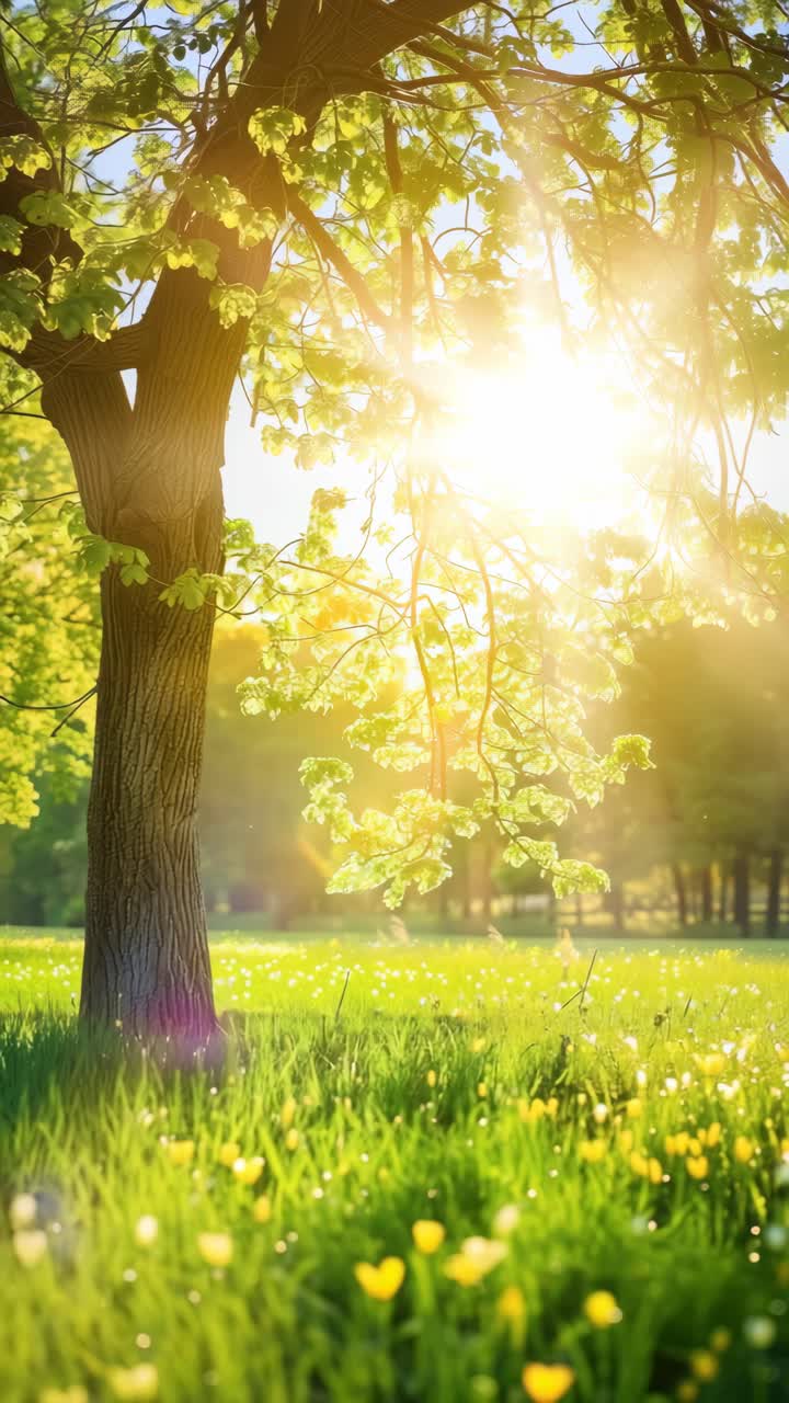 A serene, sunlit meadow with a tree in the foreground. Low-angle shot captures the vibrant greenery