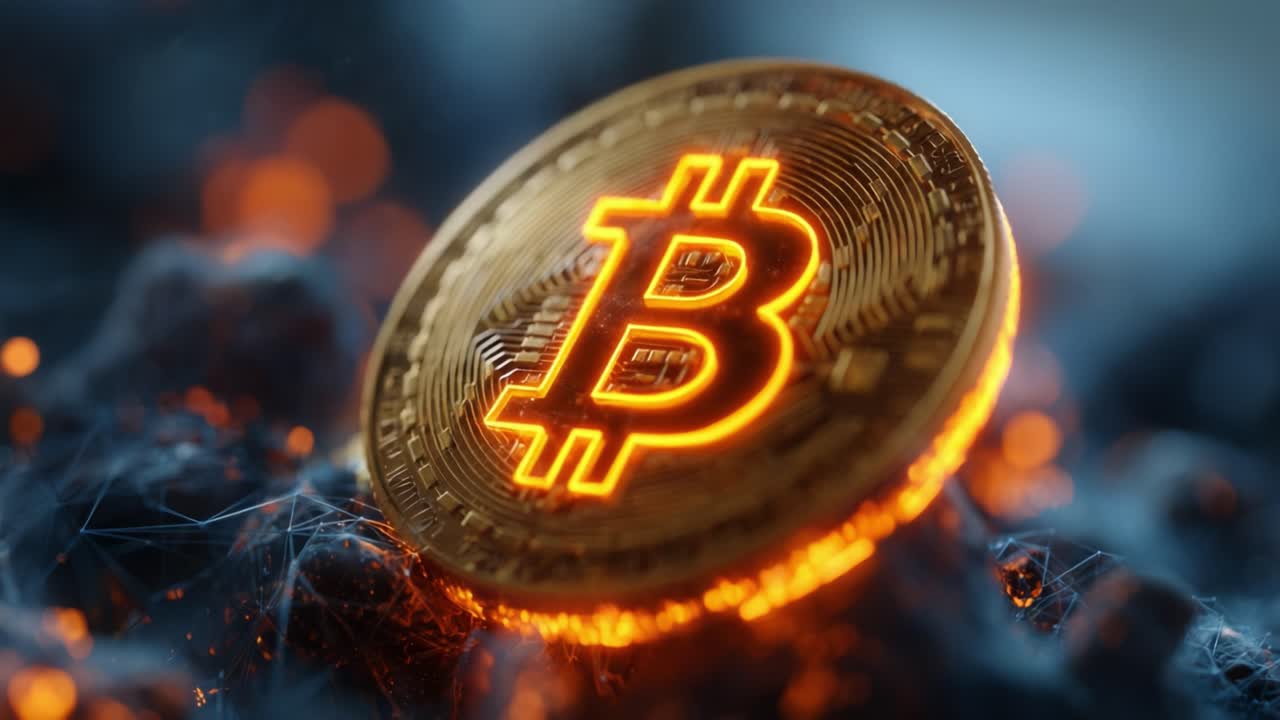 Exploring the Radiant World of Cryptocurrency: A Close-Up Look at the Stunning Visuals of a Bitcoin Coin Amidst a Glowing Digital Landscape