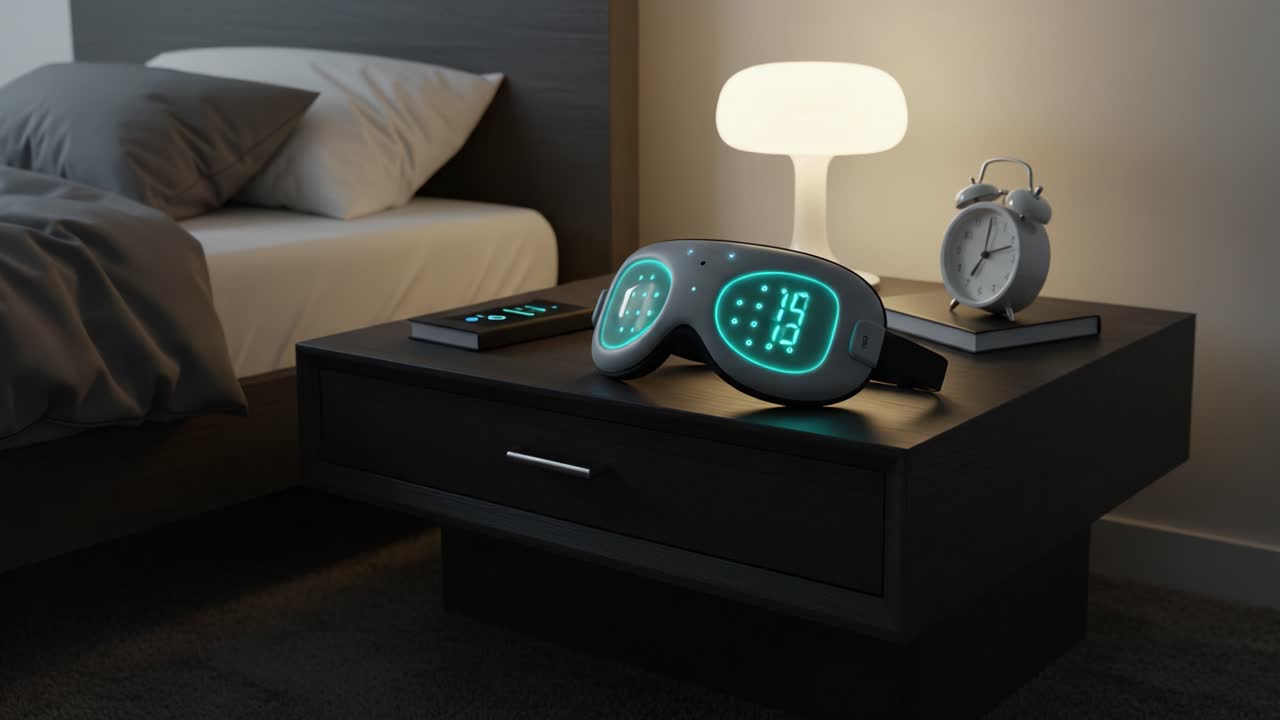 Innovative Sleep Technology: A Stylish Bedroom Scene Featuring a Smart Sleep Mask, Ambient Lighting, and a Convenient Alarm Clock for Ultimate Comfort and Relaxation