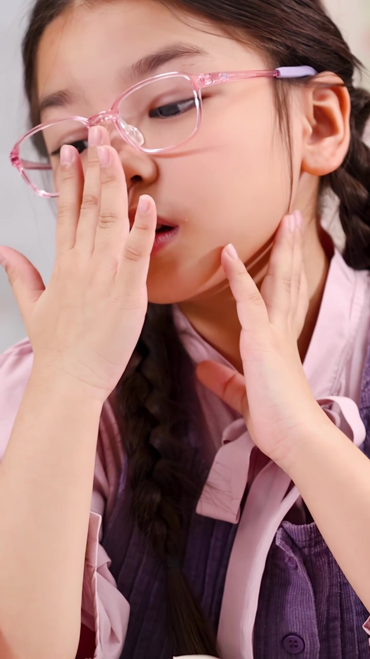 教室で、痛む頭痛に苦しむ少女が額をこすっています。