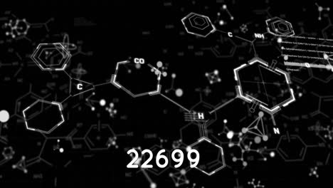 animation of molecules and data processing over chemical formula on black background