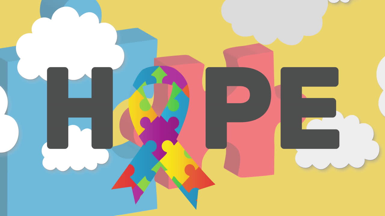 노란색 배경에 리본을 형성하는 퍼즐과 함께  ⁇  머리 위에 희망 텍스트의 애니메이션