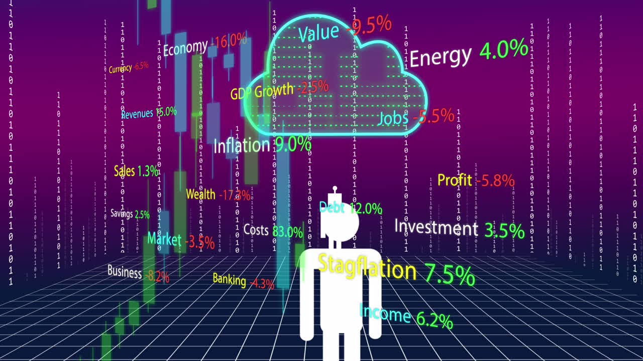 Animation of ai data processing and icons over cloud and business text