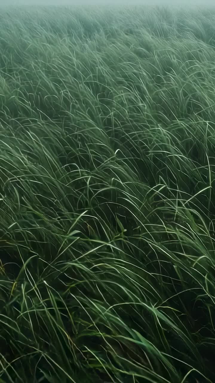Video verticale: Raffiche di vento spingono lunghe lame d'erba verde che si piegano e ondeggiano in un campo nebbioso, foschia tenue
