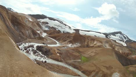 scenic volcanic kerlingarfjöll range with geothermal steam, fpv drone