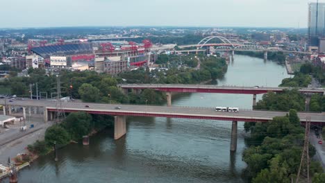 Descending-aerial-of-Nissan-Stadium-in-evening