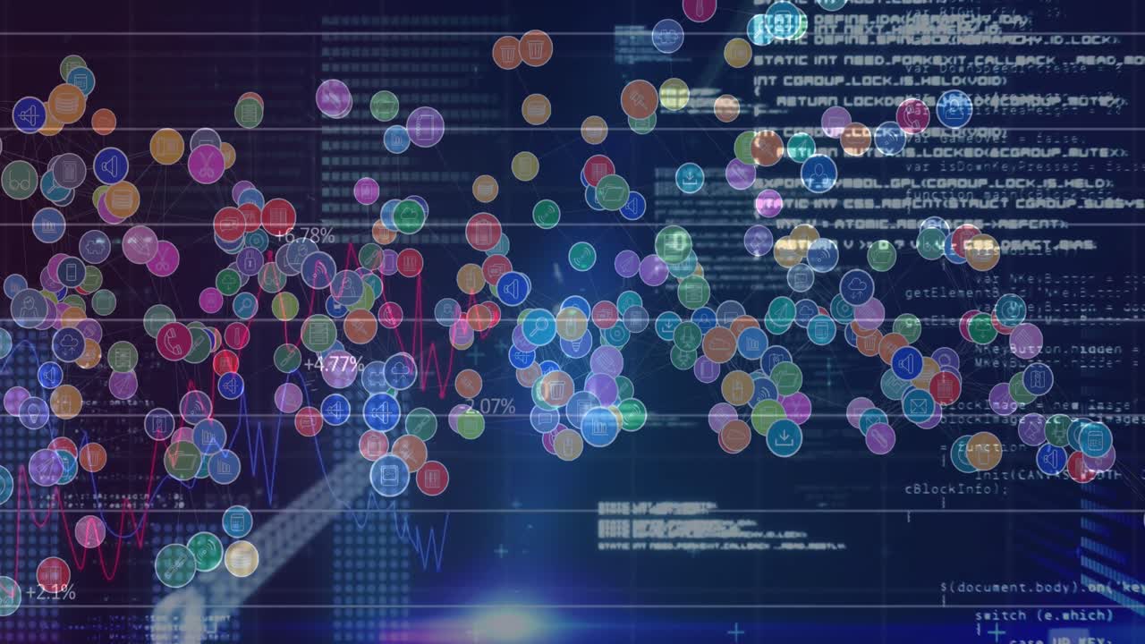 animation digitaler symbole und datenverarbeitung auf blauem hintergrund