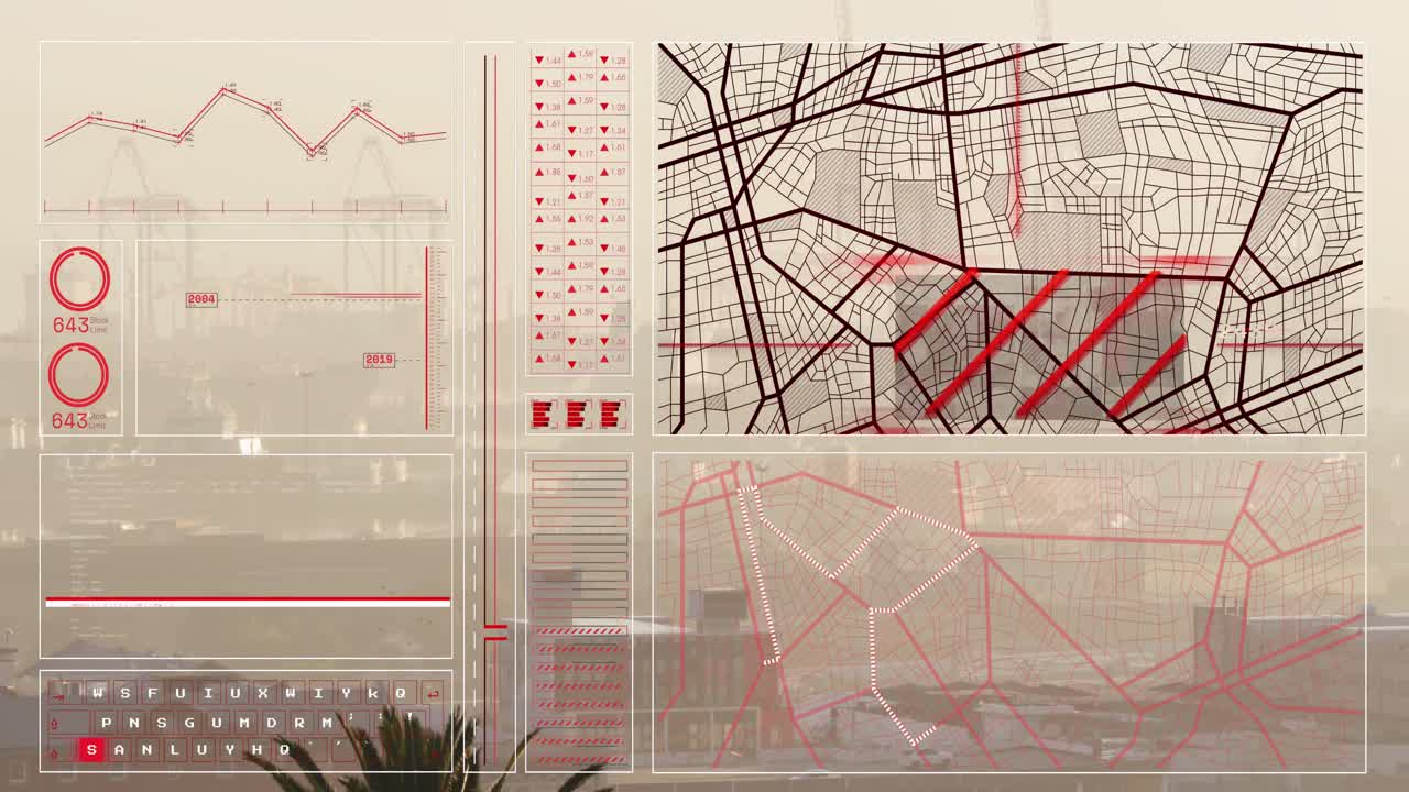 animación de la interfaz con el procesamiento de datos frente a una vista aérea del paisaje urbano