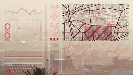 animación de la interfaz con el procesamiento de datos frente a una vista aérea del paisaje urbano