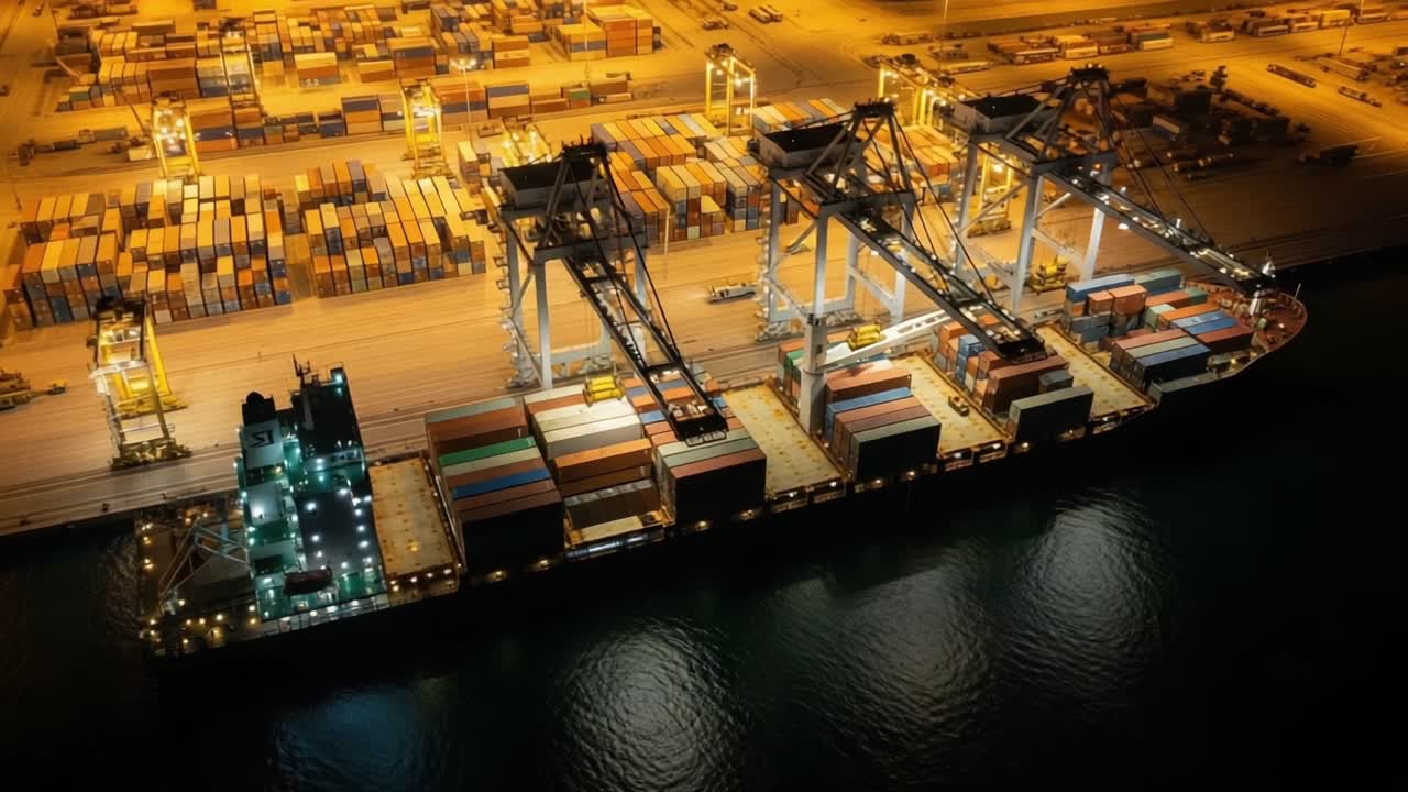 Nighttime View of a Cargo Port with Container Ship and Cranes, Depicting the Efficient Handling of Freight and the Busy Operations of Maritime Logistics