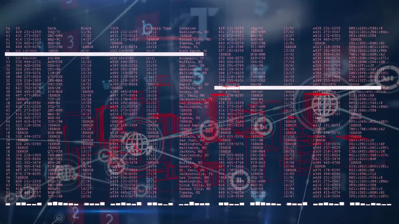 animación de una red de iconos digitales y procesamiento de datos de seguridad cibernética sobre un hacker caucásico