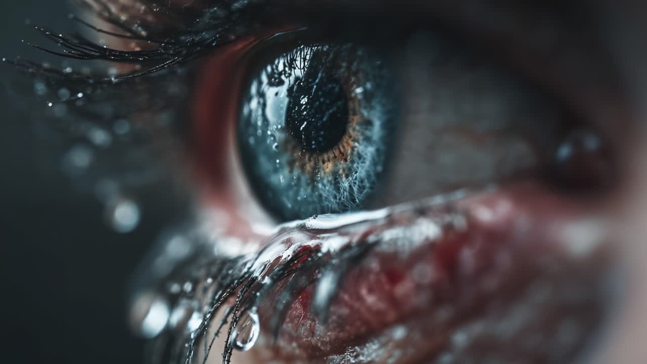 Un estudio de primer plano de un ojo emocional, capturando la profundidad del sentimiento a través de lágrimas y colores vibrantes en una conmovedora presentación artística.
