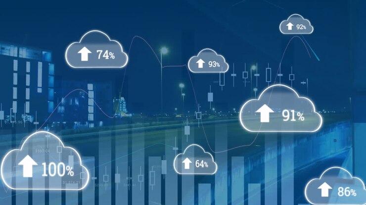 Animation of data processing with clouds and diagrams over cityscape