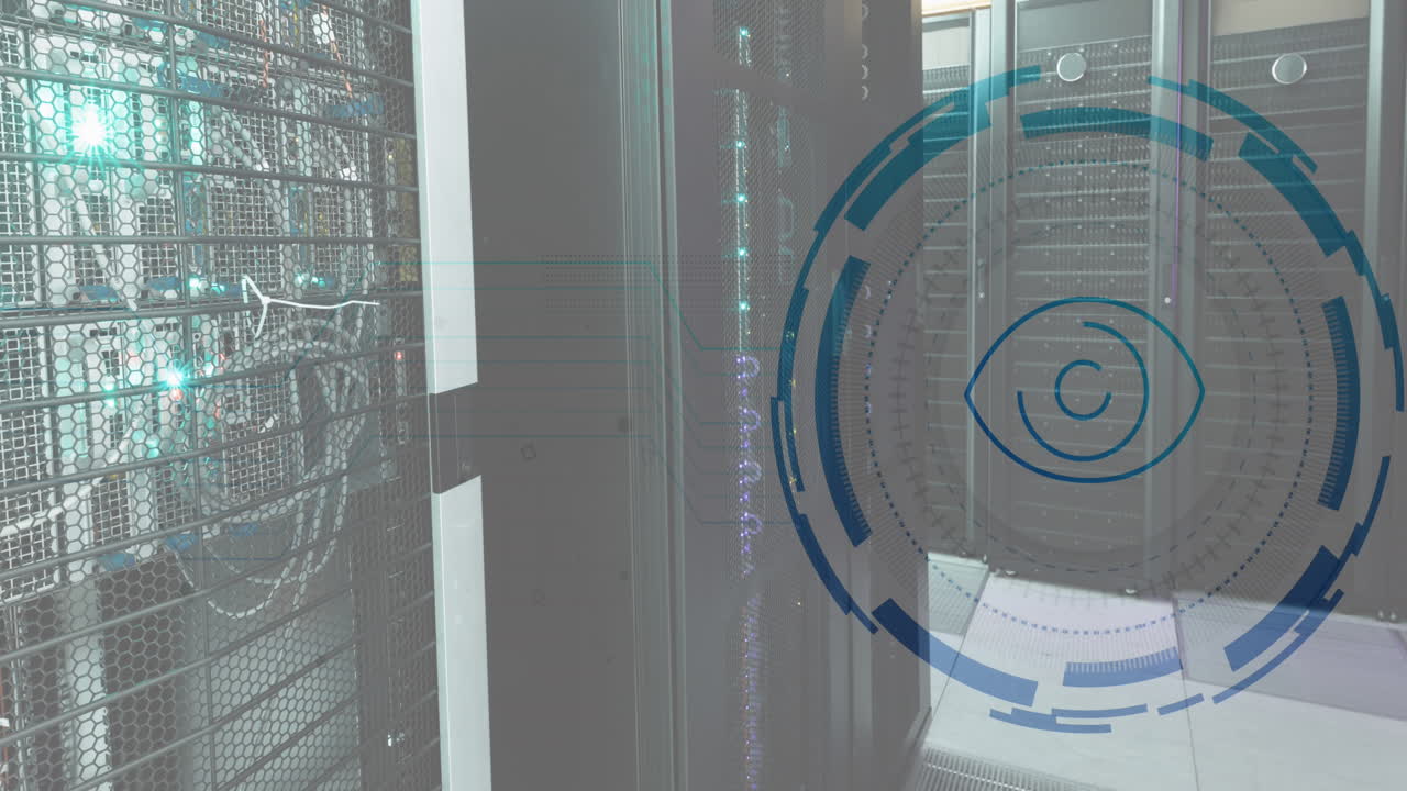 Animation of eye retina round scanner against computer server room