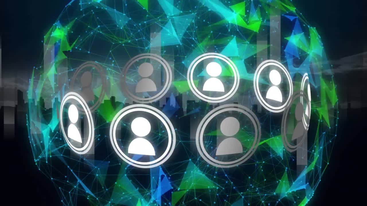 밤에 도시 위에서 빛나는 글로벌 연결 네트워크와 함께 회전하는 사람들의 아이콘의 애니메이션