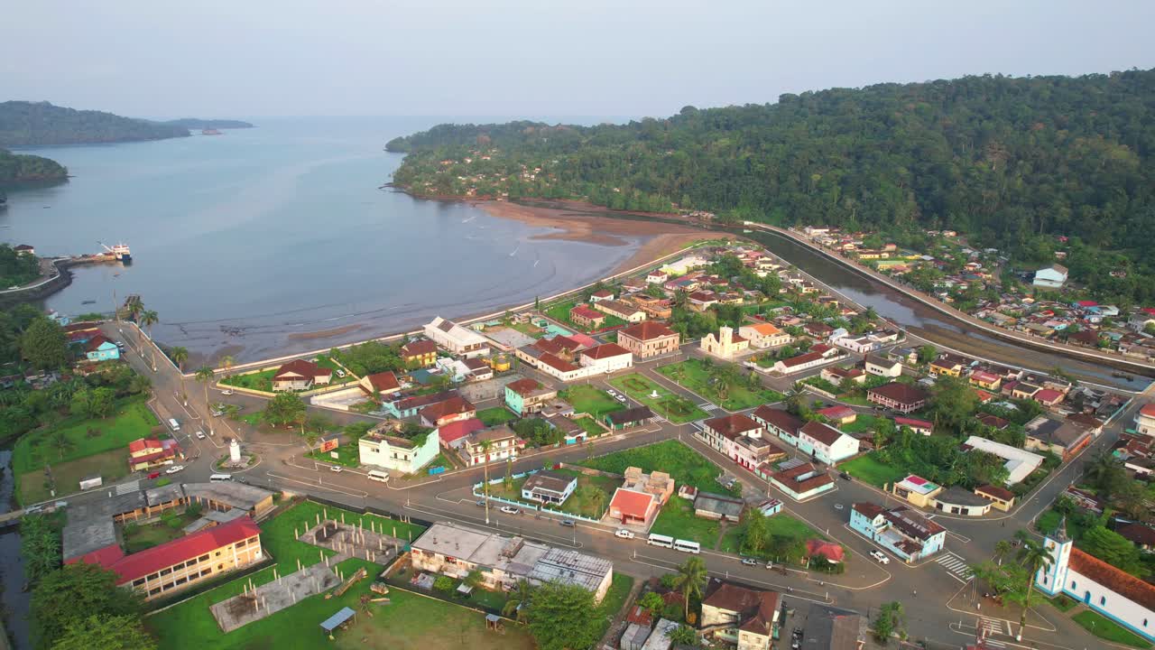 Flying backwawrds over Santo Antonio city at Ilha do Principe (Prince Island) Sao Tome e Principe,Africa