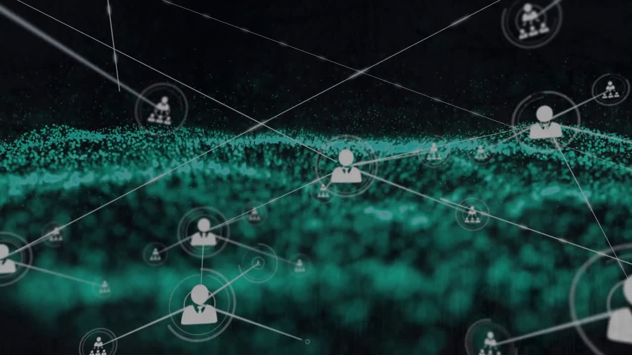 animación del globo con red de conexiones con personas iconos en fondo oscuro