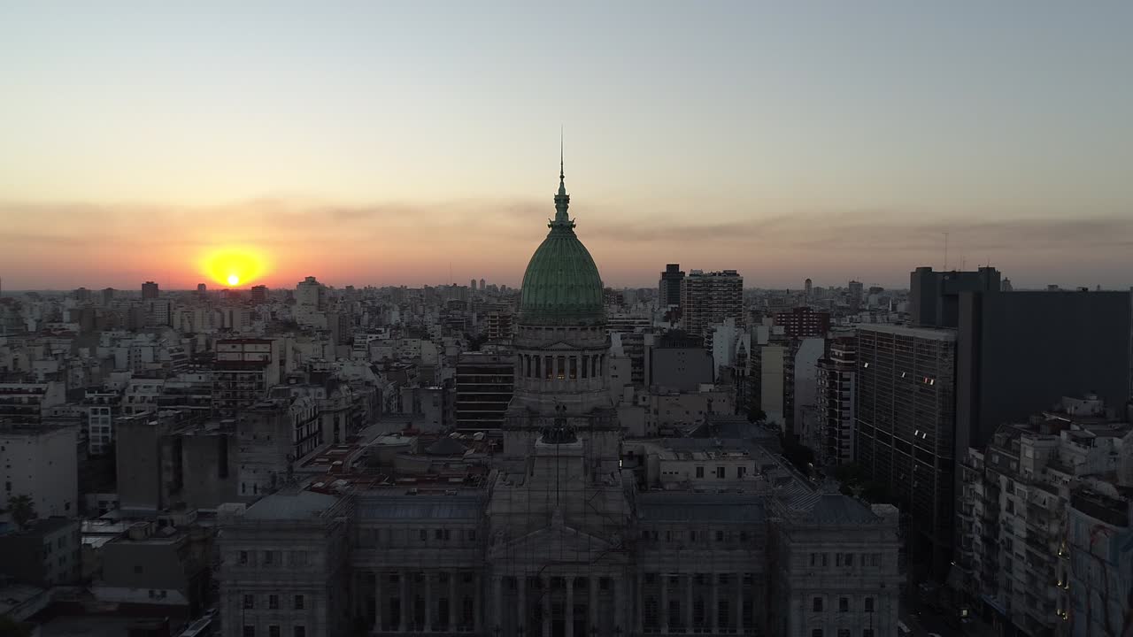 Aerial Drone Scene of Congress of the Argentine Nation. Congress Square, City Landscape, Historic Building, and Towers of the City.Buenos Aires-Argentina