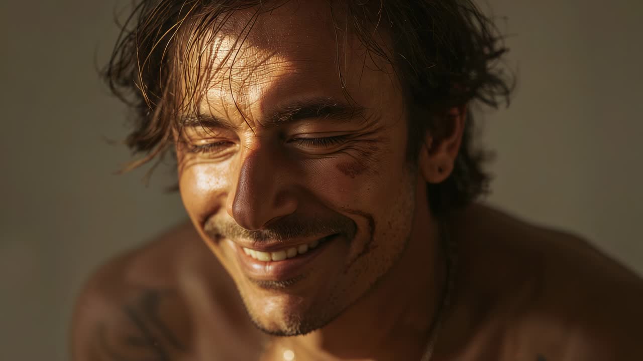 Uomo a torso nudo che apre gli occhi e sorride in studio, spalla tatuata, pelle umida, angolazione della camera per la posa